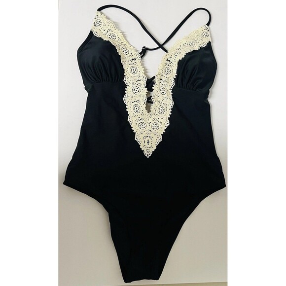 Cupshe Swimsuit Size L Black Cream One-Piece Plunging Neckline Vintage Lace Trim - Picture 1 of 7